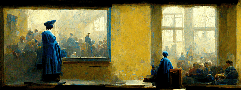 an AI generated picture (Midjourney) with prompt; 'academic lecture  with crowds :: interior :: in blue by vermeer'. You can share and adapt this image following a CC BY-SA 4.0 licence.