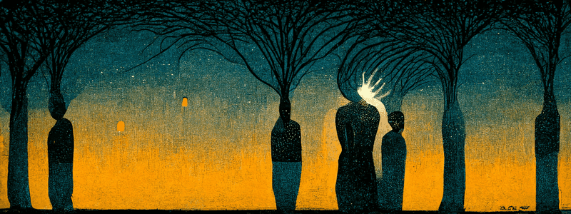 an AI generated picture (Midjourney) with prompt; 'connection with others :: light ::  linocut'. You can share and adapt this image following a CC BY-SA 4.0 licence